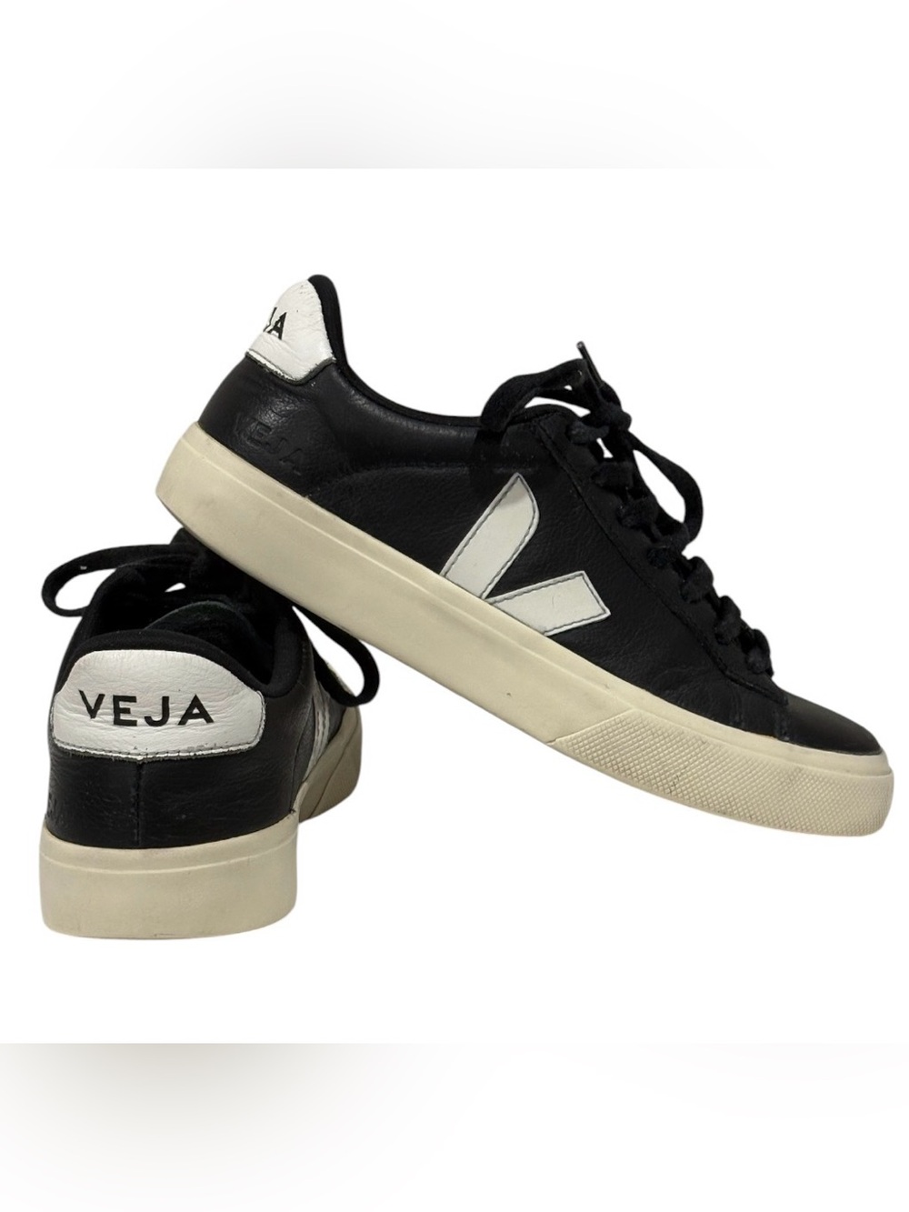 VEJA Black Leather Low-Top Lace-Up Sneakers White Logo EU 37 US 6 UK 4 - Picture 1 of 8